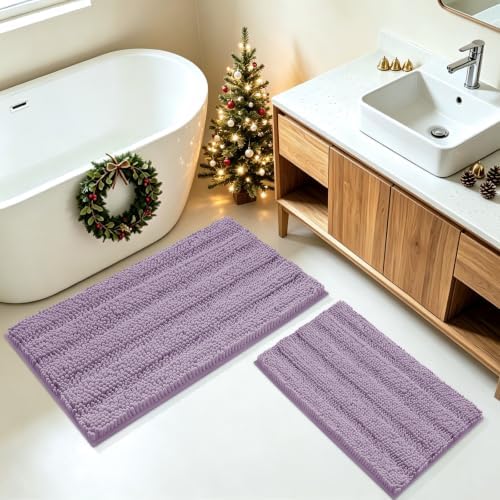 ACCUMTEK Striped Lavender Bathroom Rug Mat Set 2 piece 32"x20"+24"x17" Ultra Soft, Non Slip Chenille Bath Rugs, Absorbent Plush Shaggy Bath Mats for Bathroom, Bedroom, Kitchen, Shower, Tub by ACCUMTEK
