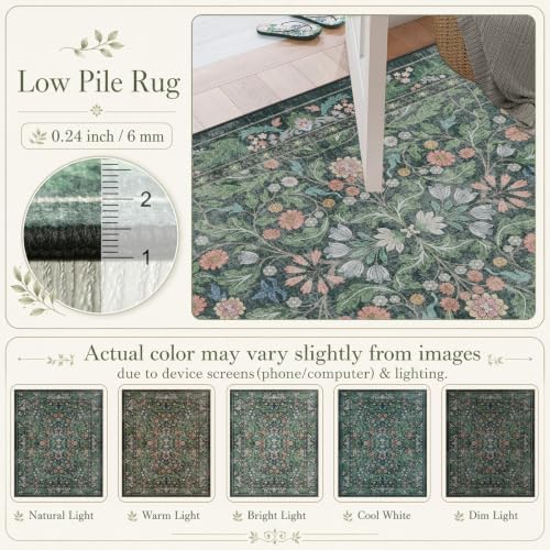 Floral Indoor Entrance 3x5 Area Rug, Washable Vintage Boho Entryway Rugs, Low Pile Non Slip Soft Carpet for Kitchen, Bedroom Beside, Laundry Room, Office Rug, Kids Room, Nursery Room， Green - Image 5