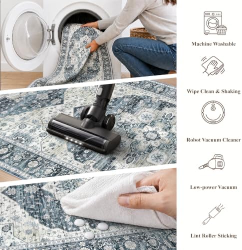 Kitchen Mats for Floor 3 Piece Set: Non-Slip Washable Boho Area Rugs and Runner for Sink,Entryway,Bathroom Soft Low Pile Throw Rugs Floor Carpet for Laundry, Hallways,Entrance(Blue,2x3+2x4+2x5) - Image 5