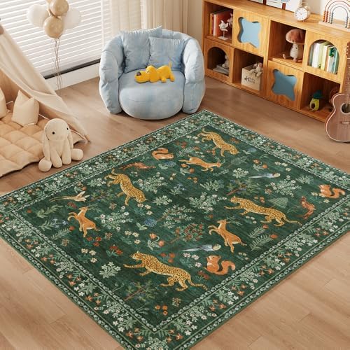 4x6 Green Animal Washable Area Rug for Living Room, Vintage Print by Unknown