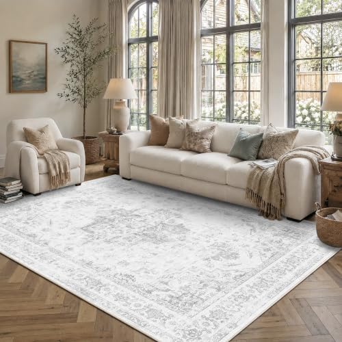 7x9 Washable Living Room Area Rug Soft Medallion Gray Large Carpet - Image 4