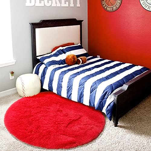 Amdrebio Red Fluffy Round Rug 5Ft for Kids Boys Bedroom Living Room Nursery - Image 5