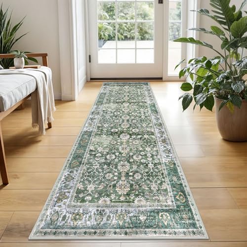 KUTA Runners for Hallways 2x5 ft Vintage Floral Washable Kitchen Rug Green by KUTA