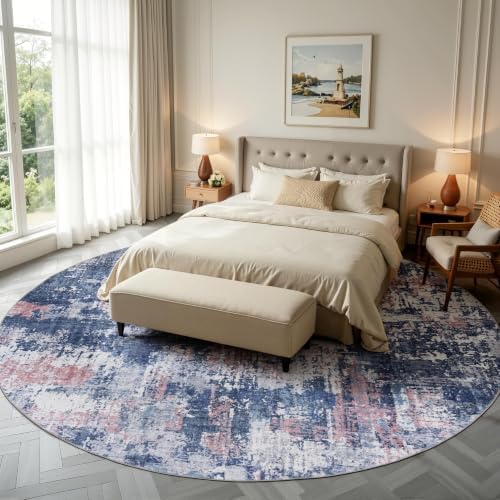 Sasttie 8ft Round Rug, Modern Abstract Large Circle Carpet, Pink & Blue by SASTTIE