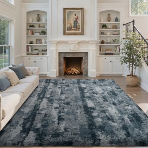 Area Rugs for Living Room 6x9 Feet, Soft Fluffy Shagg Plush Bedroom Rug Non-Slip,Large Carpet for Nursery Kids Dorm Home Decor Grey and Blue - Image 2