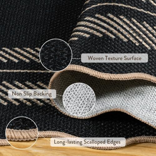 LIVEBOX Scalloped Washable 3x5 Outdoor Rug, Black Easy Jute Rug for Entryway Kitchen, Indoor Non Slip Patio Rugs Farmhouse Neutral Carpet for Bedroom Living Room Backyard Front Door Mat Porch Decor - Image 5