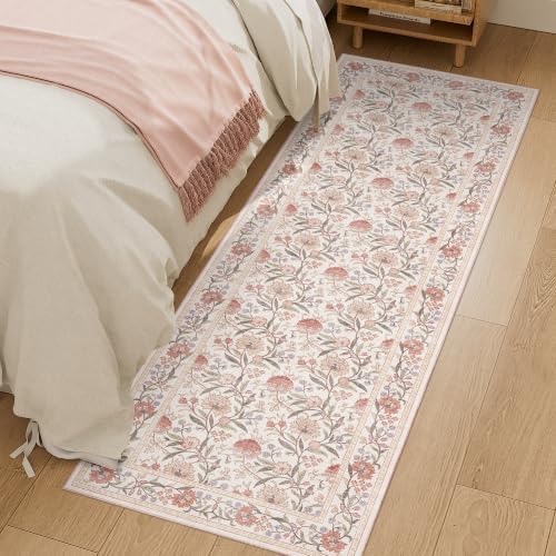 DUKINO 2x6 Runner Rug, Washable Vintage Floral Kitchen Rug, Beige Pink by DUKINO