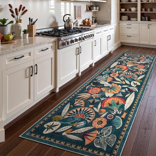 Zealude Boho Washable Green Bathroom Kitchen Runner Rug, 2x8 Egypt Hallway Entryway Rug Runner, Non Slip Botanical Floral Vintage Carpet for Entry Living Laundry Room (Dark Green, 2 x 8) - Image 4