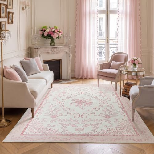 Pink Vintage Floral Area Rug 6x9 for Bedroom, Washable Cute Bow Cottage Core French Country Rose Shabby Chic Rug for Living Room Aesthetic Decor, Blush - Image 4