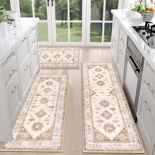 HEBE Boho Kitchen Rugs Set of 3, Non Slip Washable Kitchen Mats for Floor - Image 3