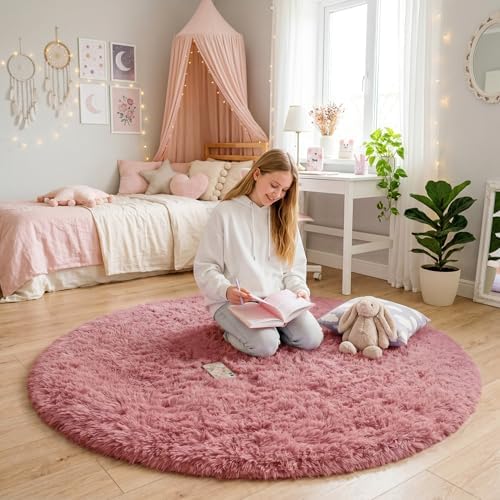Amdrebio Blush Pink Big Round Fluffy Rug 7Ft for Living Room Girls Bedroom - Image 2