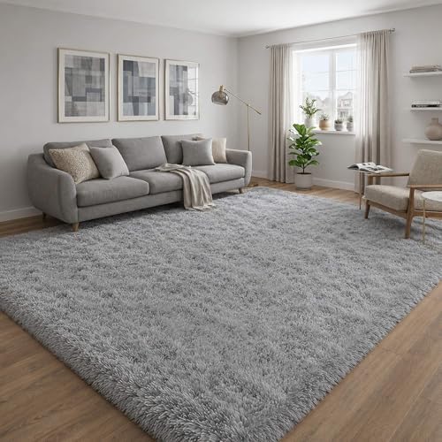 8x10 Ft Grey Fluffy Area Rug for Living Room, Soft Washable - Image 6