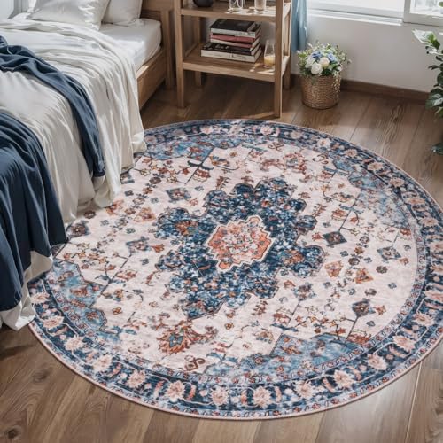 Tangsoo Washable Round Rug 4ft, Oriental Non Slip Small Circle Rug Blue - Image 5