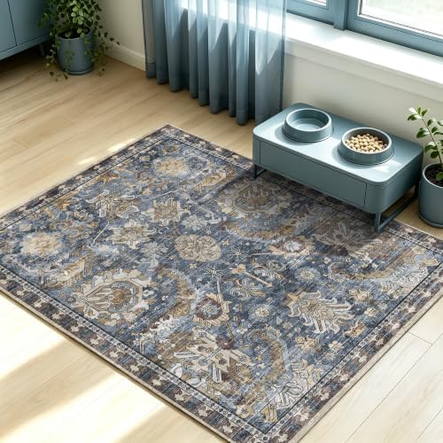 RUGSURE Washable Area Rugs - Perfect for Living Room, Bedroom, Kids Room, Nursery - Stain & Water Resistant Non-Slip, Pet & Child Friendly, Vintage Tribal Area Rugs (Navy, 3' x 5 ') - Image 4