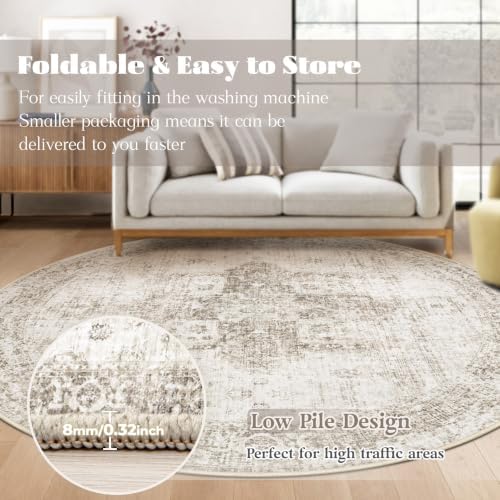 Round Rugs 6ft Washable Rug, Vintage Boho Medallion Rugs Non-Slip Soft Low Pile Circle Distressed Rug Indoor Retro Carpet for Living Room Bedroom Dining Room Home Office (Taupe, 6' Round) - Image 7