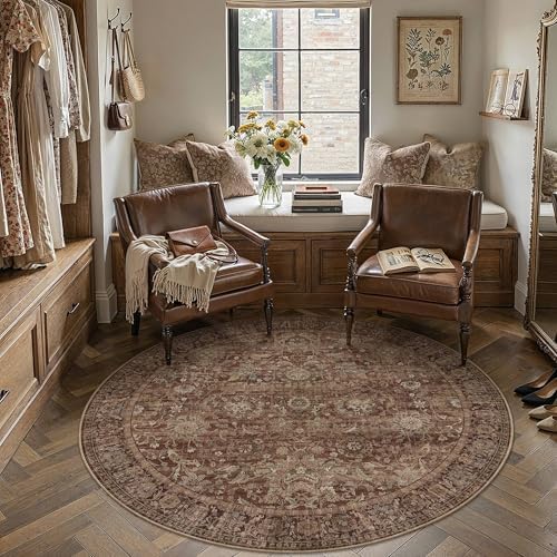 HUGEAR 4x4 Round Rugs Rust Red Vintage Rug for Living Room - Image 2