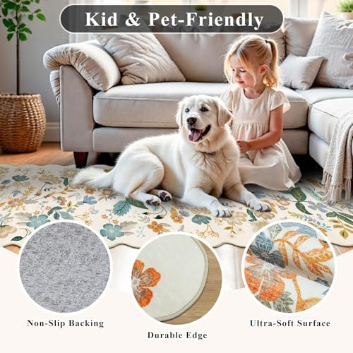 2x8 Washable Kitchen Runner Rug: Boho Vintage Floral Carpet Runner Cream - Image 3