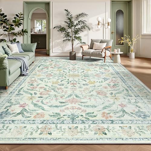8x10 Area Rugs, Machine Washable Low Pile Floral Rugs for Living Room, Bedroom, Large Boho Area Rug with Non-Slip Backing for Dining Room(Beige Bloom) by Yarooge