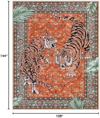 Moynesa Tiger Washable Area Rug, 9x12 Living Room Rug, Vintage Non Slip Large Rug for Dining Room, Ultra Thin Boho Soft Stain Resistant Indoor Carpet for Bedroom Guest Room, Rust - Image 2