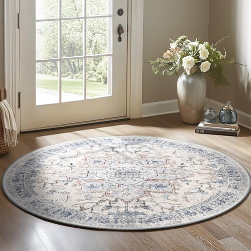 BESTSWEETIE Washable Boho Round 4ft Area Rug for Living Room, Beige Blue - Image 2