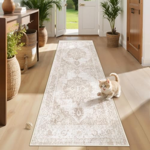 Area Rug 2x8 Runner Rug: Washable Vintage Hallway Rugs Indoor Medallion Rug Low Pile Distressed Floor Carpet Retro Accent Rugs for Kitchen Bedroom Bathroom Dining Room(Beige, 2'x8') by ZomfyRugs