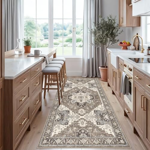 Hallway Washable 3x7 Runner Rug: Non-Slip Kitchen Rugs with Rubber Backing for Entryway Living Room Vintage Low Pile Stain Resistant Carpet for Bedroom Soft Thin Home Decor Mat for Bathroom(Beige,3x7) - Image 2