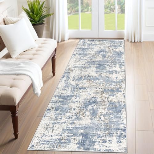 XLUEZ 2x7 Runner Rug for Hallway, Washable Modern Abstract Runner Rugs Neutral Soft Non Slip Kids Rug Stain Resistant Indoor Runners for Hallways Entryway Bedroom Kitchen Laundry Room(Blue, 2'x7') by XLUEZ