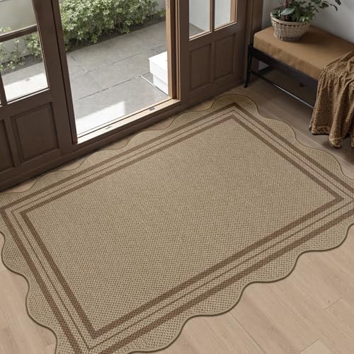 Easy Jute Front Door Mat, 2.6x4 Washable Entryway Rug Non Slip Small Kitchen Rug, Farmhouse Low Pile Floor Scalloped Rugs for Bathroom Porch Doorway by LORWER