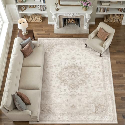 PureCozy Beige 10x14 Washable Area Rug Vintage Oriental Medallion Carpet - Image 6
