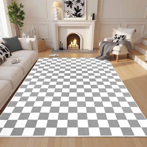 Terrug Grey and White Checkered Rug for Living Room, 8x10 Soft Area Rugs by TerrugHomeDecor