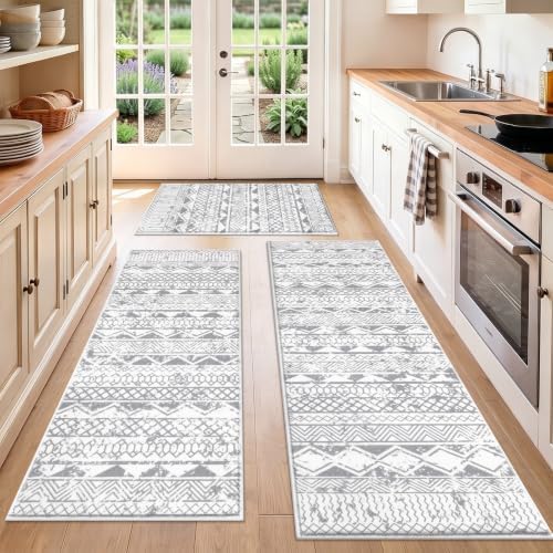 HEBE Boho Kitchen Rugs Set of 3, Non Slip Washable Kitchen Mats for Floor by HEBE