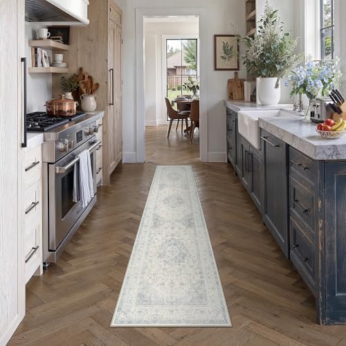 2x8 Blue Washable Runner Rug Non Slip Vintage Carpet - Image 2