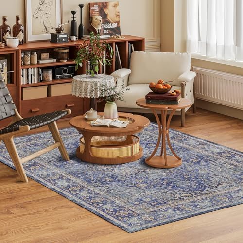 Washable Area Rug 4' x 6' Vintage Traditional Persian Mat - Foldable Distressed Non-Slip Machine Washable Carpet for Living Room Bedroom Kitchen Home Decor - Indigo and Gold - Image 2