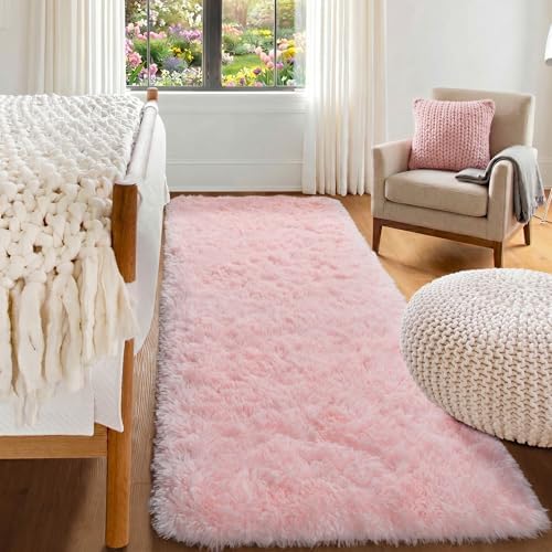 Pink Runner Rugs for Girls Bedroom Living Room, 2x6 Fluffy Bedside Area Rug by ONASAR