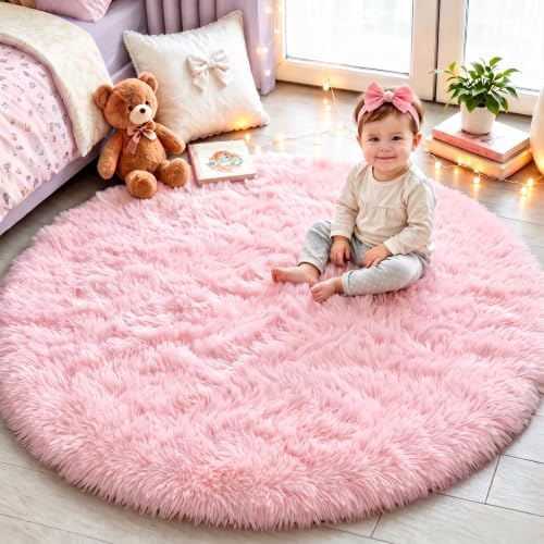 PAGISOFE Pink Round Rug 6Ft for Girls Room Kids Bedroom, Fluffy Shaggy Circle Area Rugs for Girls Bedroom Playroom Kids Home Decor Aesthetic, Plush Furry Throw Cute Baby Girl Nursery Room Rug by PAGISOFE