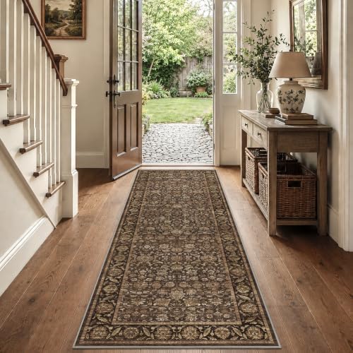 Washable 2.6x8 Kitchen Non-Slip Runner Rug Vintage Brown Throw Carpet - Image 3