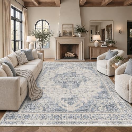 Washable 8x10 Bedroom Area Rug Soft Medalion Retro Blue Large Carpet by HOME