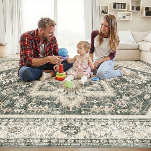 10x14 Area Rug for Living Room- Machine Washable Soft Oriental Vintage Large Indoor Floor Carpet for Bedroom Under Dining Table Home Office Decor - Vintage Green - Image 4