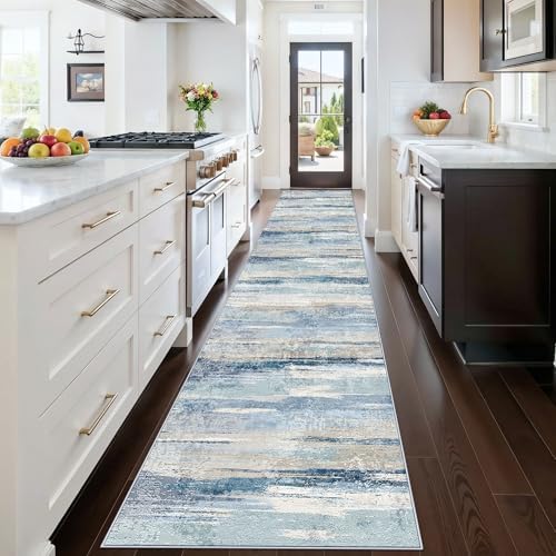 Hallway Runner Rug 3x15 Washbale - Modern Abstract Stain Resistant Kitchen Rugs with Non Slip Backing Soft Entryway Living Room Carpet Indoor Lightweight Home Decor Floor Thin Mat 3x15 Blue - Image 3