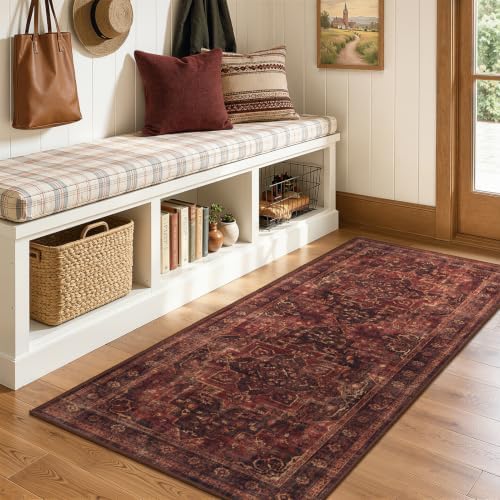 Washable Hallway Runner Rug 2'x5', Vintage Medallion, Dark Red by Jainmy