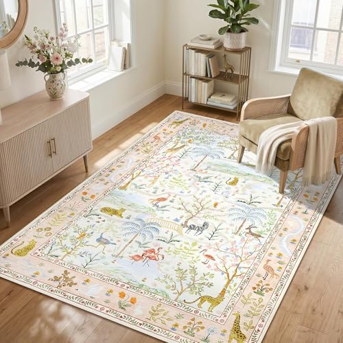 4x6 Whimsical Safari Nursery Area Rug Washable Non Slip Small Living Room Rugs Low Pile Animal Print Girs Bedroom Blush Throw Carpet Forest Fairy Tale Area Rugs for Entry Kids Room, Peach Blush - Image 3