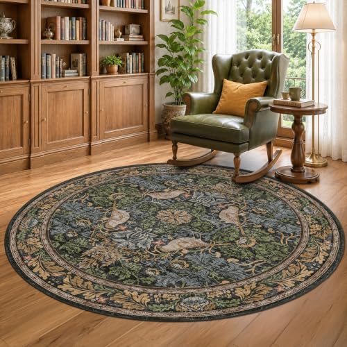 Washable Round Area Rugs 6ft for Living Room, Green Forest Soft Non-Slip Circle Rug with Rubber Backing, Vintage Large Boho Floral Bird Carpet for Bedroom, Kitchen, Nursery, Stain Resistant by HazoHaus