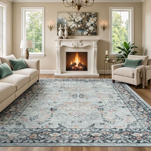 9x12 Area Rugs for Living Room, Washable Non-Slip Large Rugs, Grey/Blush by Lofus