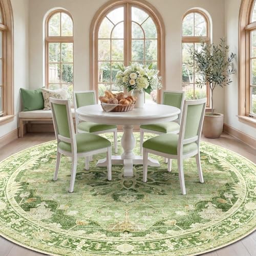 RELEANY Washable Area Rug, Round 8ft, Green/Yellow - Image 2