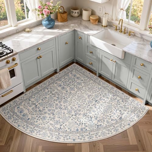 jinchan 5x5 Washable Corner Area Rug, Soft Floral Non-Slip, Blue/Cream by JINCHAN