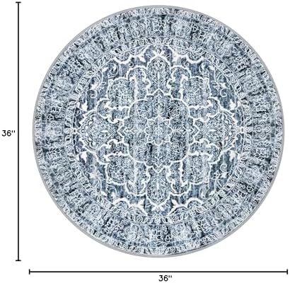 KUTA Vintage Round Rug 3ft Washable Boho Indoor Circle Area Rug Blue White - Image 2