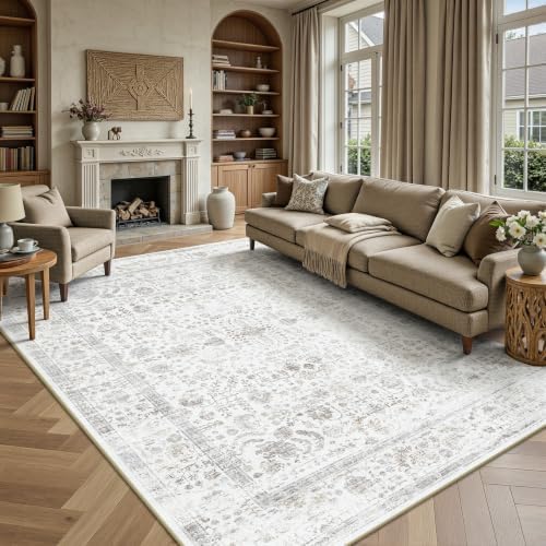 6x9 Area Rugs, Washable Vintage Retro Floral Rug for Living Room, Low Pile Non Slip Distressed Large Carpet for Bedroom, Dining Room, Office, Home (Beige & White) by Yarooge