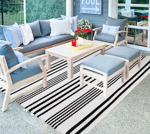 BUAGETUP Black and White Outdoor Patio Rug 4' x 6',Cotton Front Porch Rug by BUAGETUP