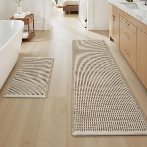 Upgraded Waffle Bath Mat Set of 2 Absorbent Bathroom Mat 17"x24" + 17"x48" by AMOAMI