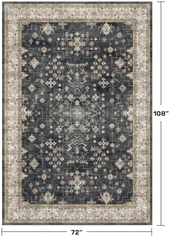 Boho Dining Room Rugs for Under Table - 6x9 Washable Black Area Rug For Living Room, Low Pile Non-Slip Rugs for Bedroom, Office - Charming Farmhouse Decor & Stain Resistance (6x9 Black/Multi) - Image 2